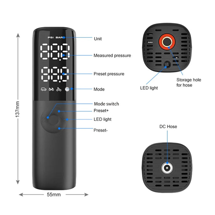 KF02 12V Cigarette Lighter Corded Portable Tire Pump with Digital Display - 5
