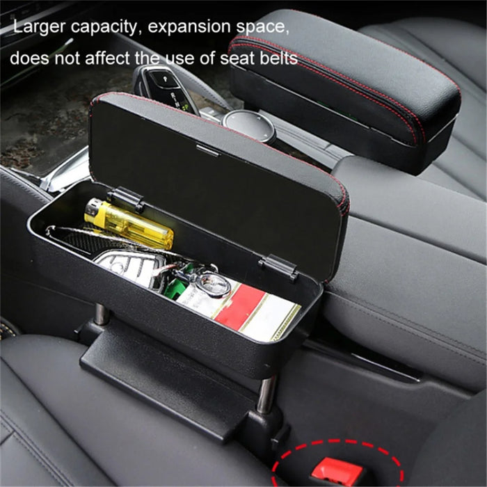 Car Armrest Storage Box Center Console Arm Rest Organizer Wireless Charger - Black / Red - 2