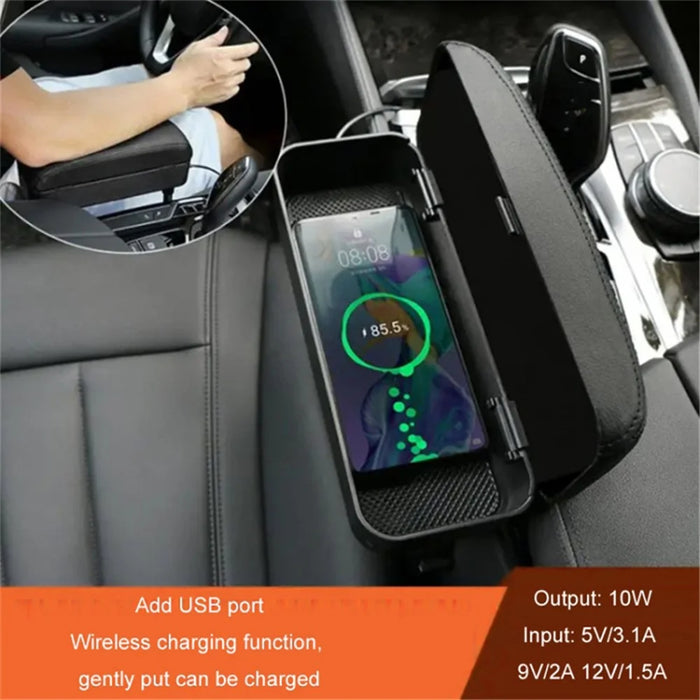 Car Armrest Storage Box Center Console Arm Rest Organizer Wireless Charger - Black / Red - 4