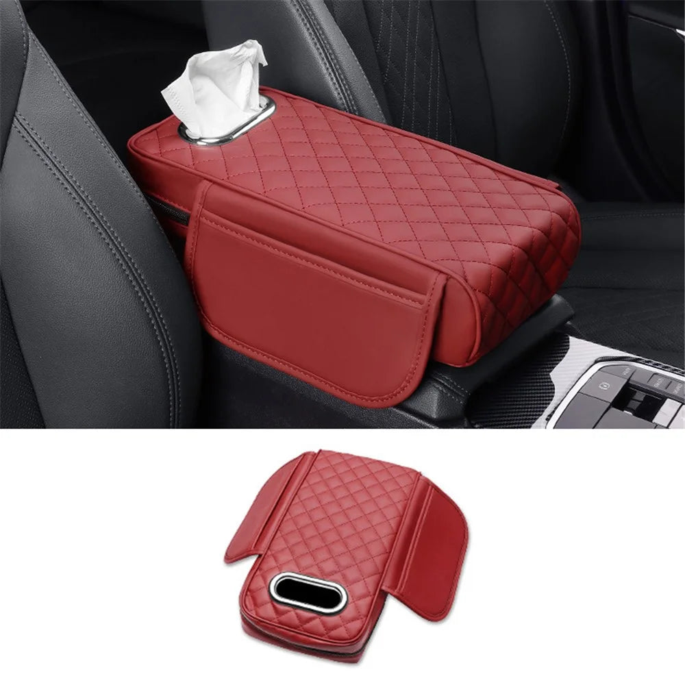 Car Armrest Box Cushion Pad PU Leather Tissue Holder Box with Side Pockets - Red - 1