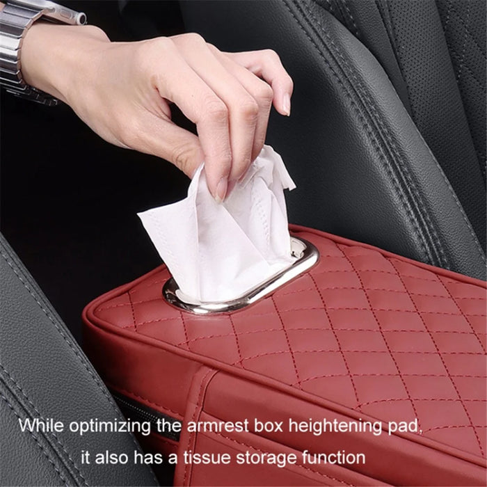 Car Armrest Box Cushion Pad PU Leather Tissue Holder Box with Side Pockets - Red - 3