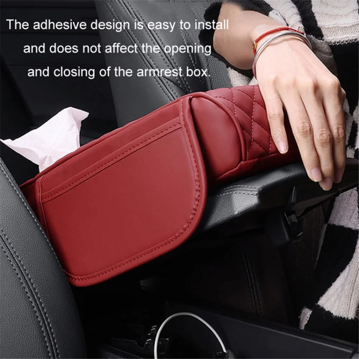 Car Armrest Box Cushion Pad PU Leather Tissue Holder Box with Side Pockets - Red - 4