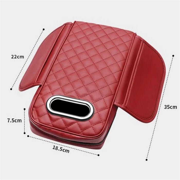 Car Armrest Box Cushion Pad PU Leather Tissue Holder Box with Side Pockets - Red - 7