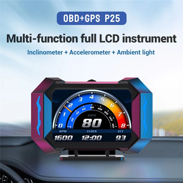 P25 Car HUD OBD LCD Display Multi-Function Speedometer with Water Temperature Fuel Consumption Inclinometer - 3