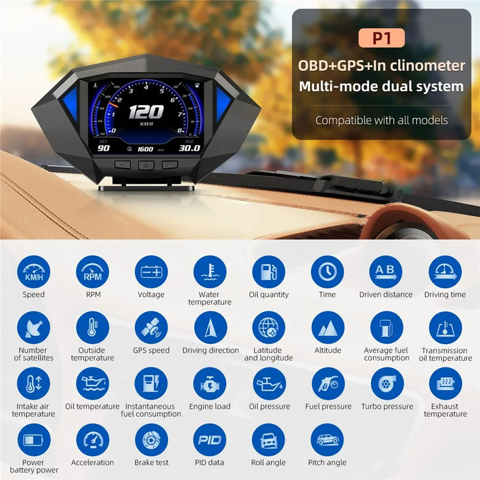 P1 3.5 inch LCD Car HUD Head Up Display Speed Detector Slope Meter Plastic OBD2+GPS Smart Driving Computer - 5