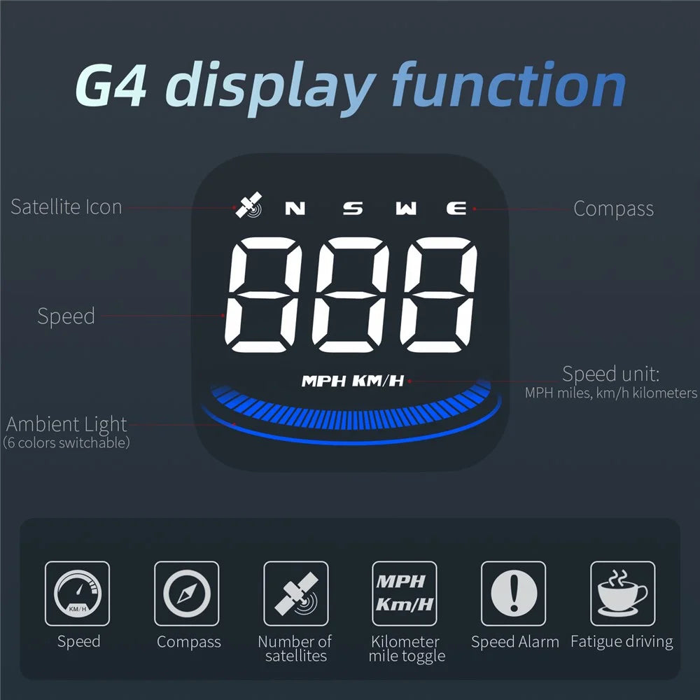 G4 Car HUD Digital Speedometer Over-speed Fatigue Driving Alarm GPS Compass Head-up Display - 5