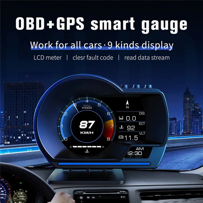 P6 Car HUD Head-Up Display OBD2+GPS Smart Gauge with Over Speed, RPM Alarm - 2