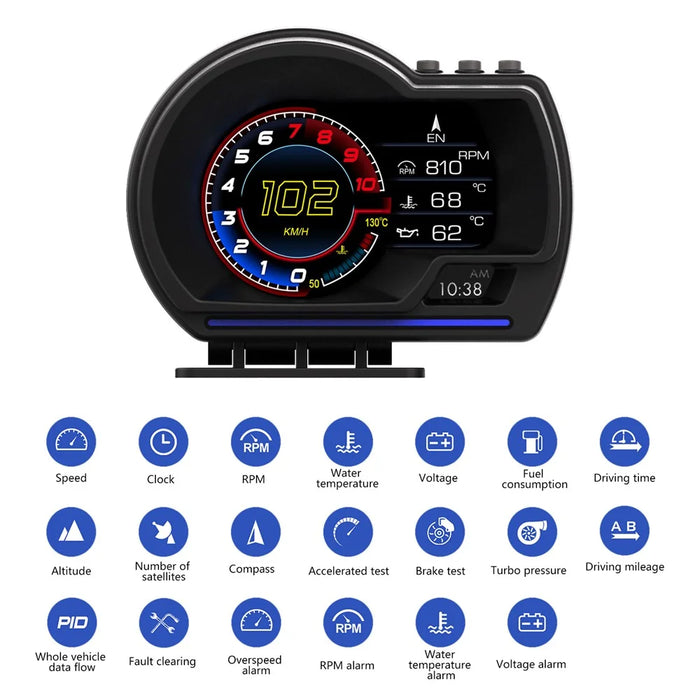 P6 Car HUD Head-Up Display OBD2+GPS Smart Gauge with Over Speed, RPM Alarm - 6