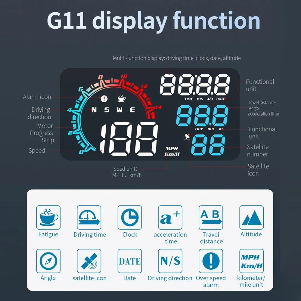 G11 Universal GPS HUD Head Up Display Speed Instrument with Overspeed Alarm for Oil Fuel Electric Hybrid Vehicle - Multi-color - 7