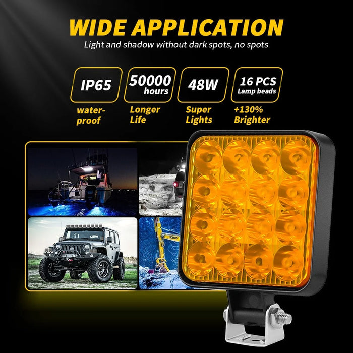 48W 12V 16-LED Car Driving Work Light Waterproof Square Car Off-Road Headlight - Yellow Light - 2