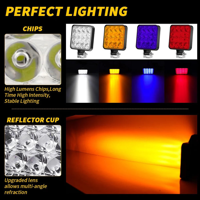 48W 12V 16-LED Car Driving Work Light Waterproof Square Car Off-Road Headlight - Yellow Light - 6