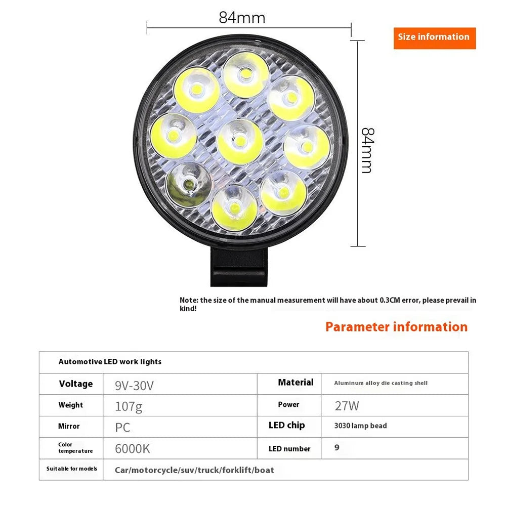 9LED 27W Car SUV Off-Road Super Bright Round Spotlight Waterproof Vehicle Headlight - 6