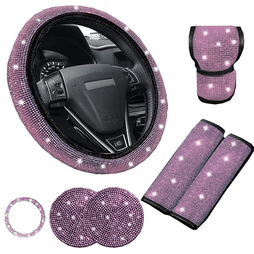 7Pcs / Set Shiny Rhinestones Car Steering Wheel Safety Belt Shifter Cover Cup Mat Start Button Ring Kit - Pink - 1