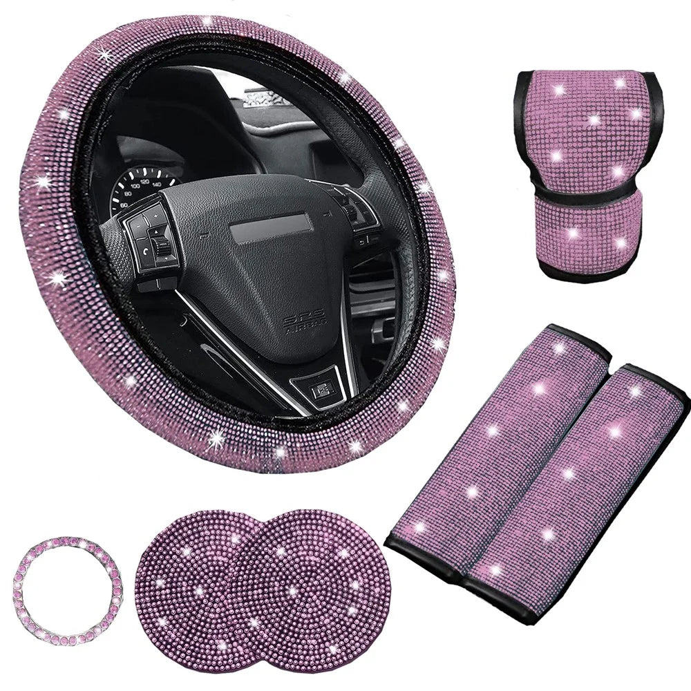 7Pcs / Set Shiny Rhinestones Car Steering Wheel Safety Belt Shifter Cover Cup Mat Start Button Ring Kit - Pink - 1