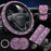 7Pcs / Set Shiny Rhinestones Car Steering Wheel Safety Belt Shifter Cover Cup Mat Start Button Ring Kit - Pink - 2