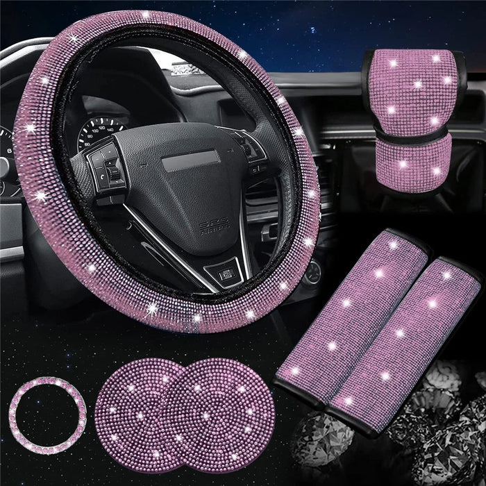 7Pcs / Set Shiny Rhinestones Car Steering Wheel Safety Belt Shifter Cover Cup Mat Start Button Ring Kit - Pink - 2