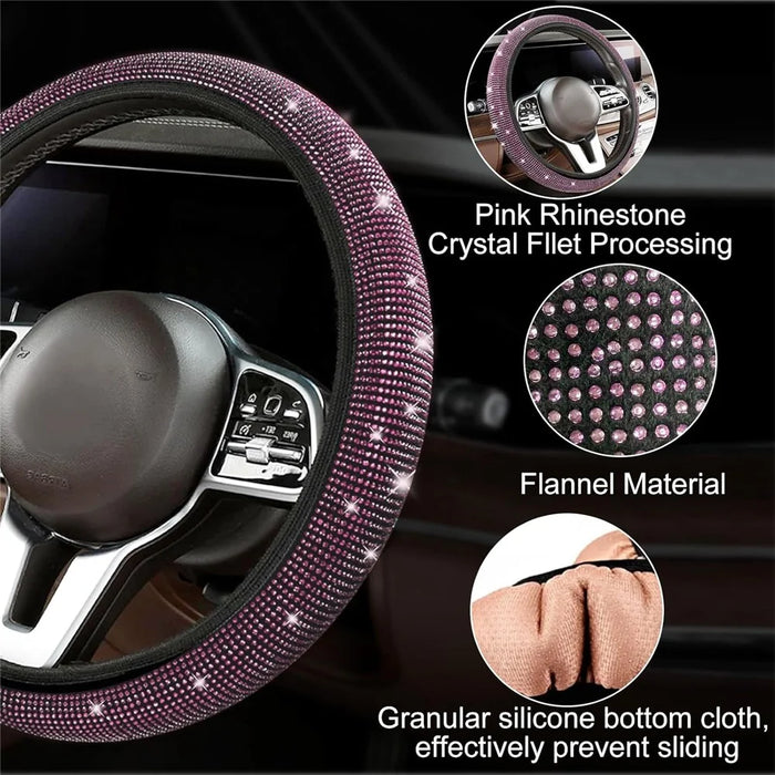 7Pcs / Set Shiny Rhinestones Car Steering Wheel Safety Belt Shifter Cover Cup Mat Start Button Ring Kit - Pink - 4