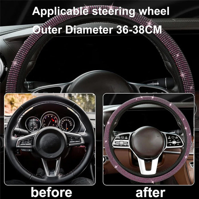 7Pcs / Set Shiny Rhinestones Car Steering Wheel Safety Belt Shifter Cover Cup Mat Start Button Ring Kit - Pink - 5