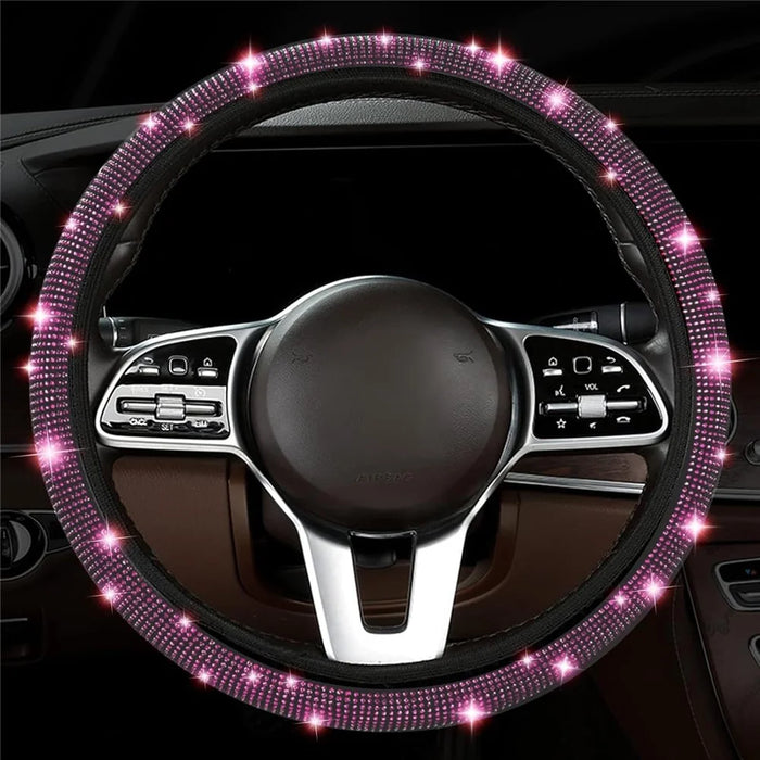 7Pcs / Set Shiny Rhinestones Car Steering Wheel Safety Belt Shifter Cover Cup Mat Start Button Ring Kit - Pink - 6