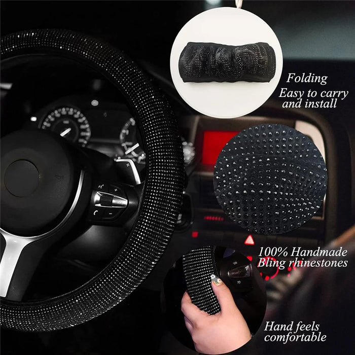7Pcs / Set Shiny Rhinestones Car Steering Wheel Safety Belt Shifter Cover Cup Mat Start Button Ring Kit - Pink - 7