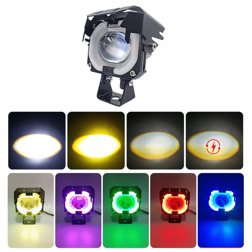 Motorcycle LED Headlight with RGB Angel Eye Halo High Low Beam Laser Spotlight - 1
