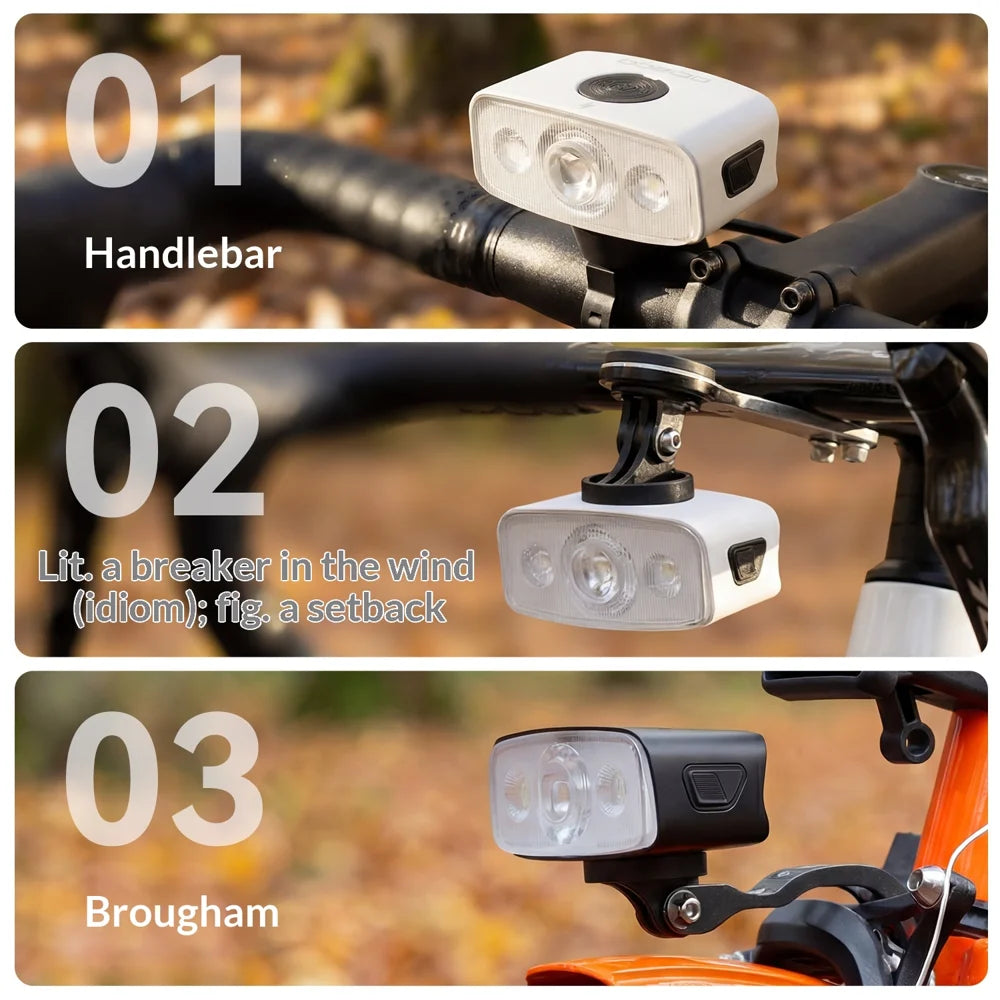 ROCKBROS Bicycle Front Light IPX6 Waterproof 3 Brightness Levels USB-C Rechargeable Bike Headlamp - White - 5