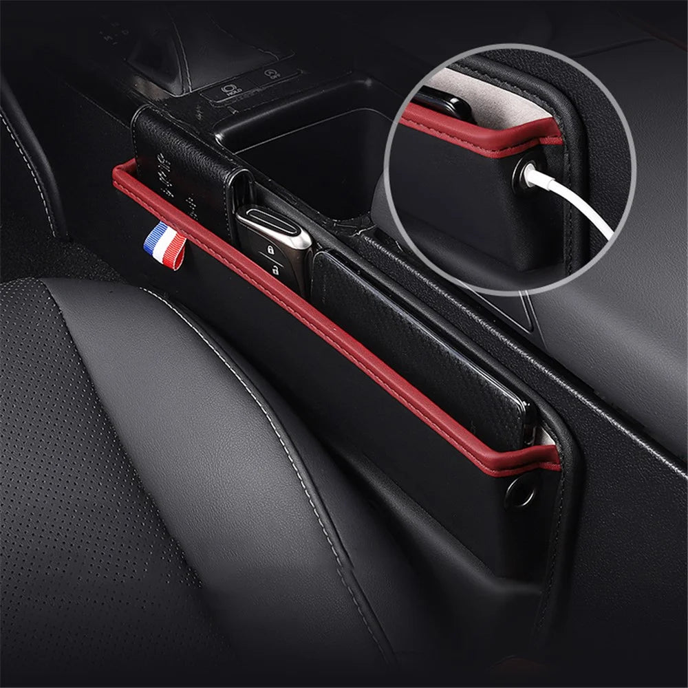 Car Seat Slit Gap Pocket Organizer PU Leather Multifunctional Driver Seat Gap Filler Storage Box - Black / Red - 3