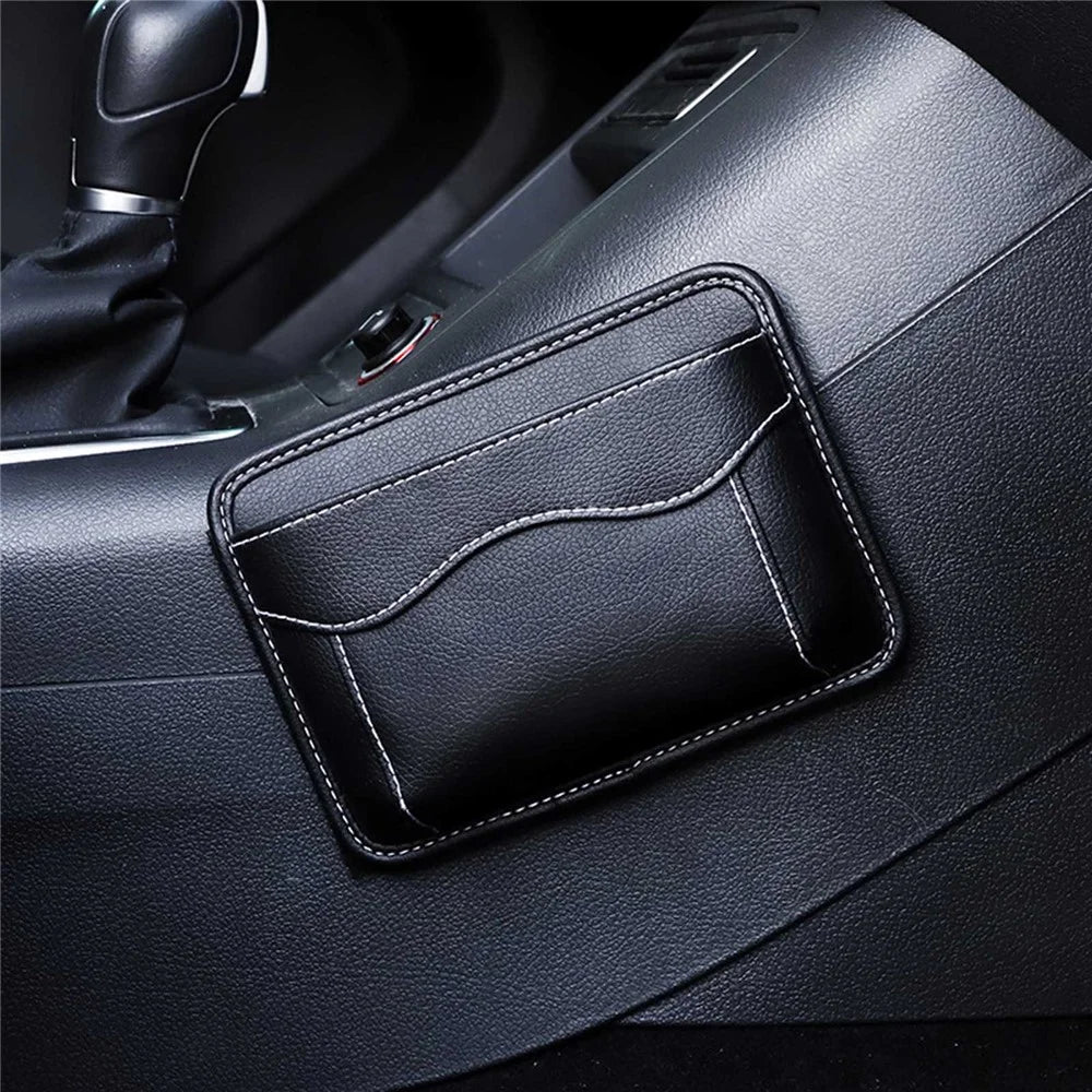 Car Dashboard Adhesive Storage Bag PU Leather Seat Seam Phone Sundries Holder Organizer - Black - 1