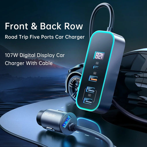 MCDODO CC-1900 107W Digital Display USB-A*4+Type-C*1 5-Port Car Charger with 1.5m Cable, Dark Grey - 2