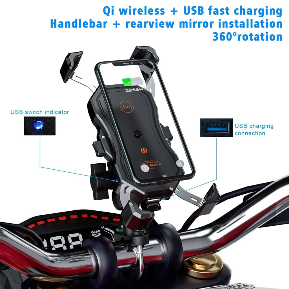 ZH-1288C1 Rotation Motorcycle Qi Wireless+USB Fast Charging Phone Mount Charger Handlebar Cellphone Holder - 3