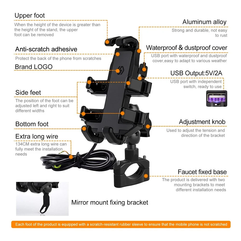 CS-1098A1 360 Degree Rotation Phone Holder Motorcycle Rearview Mirror / Handlebar Mount Bracket with USB Charging Port - 7