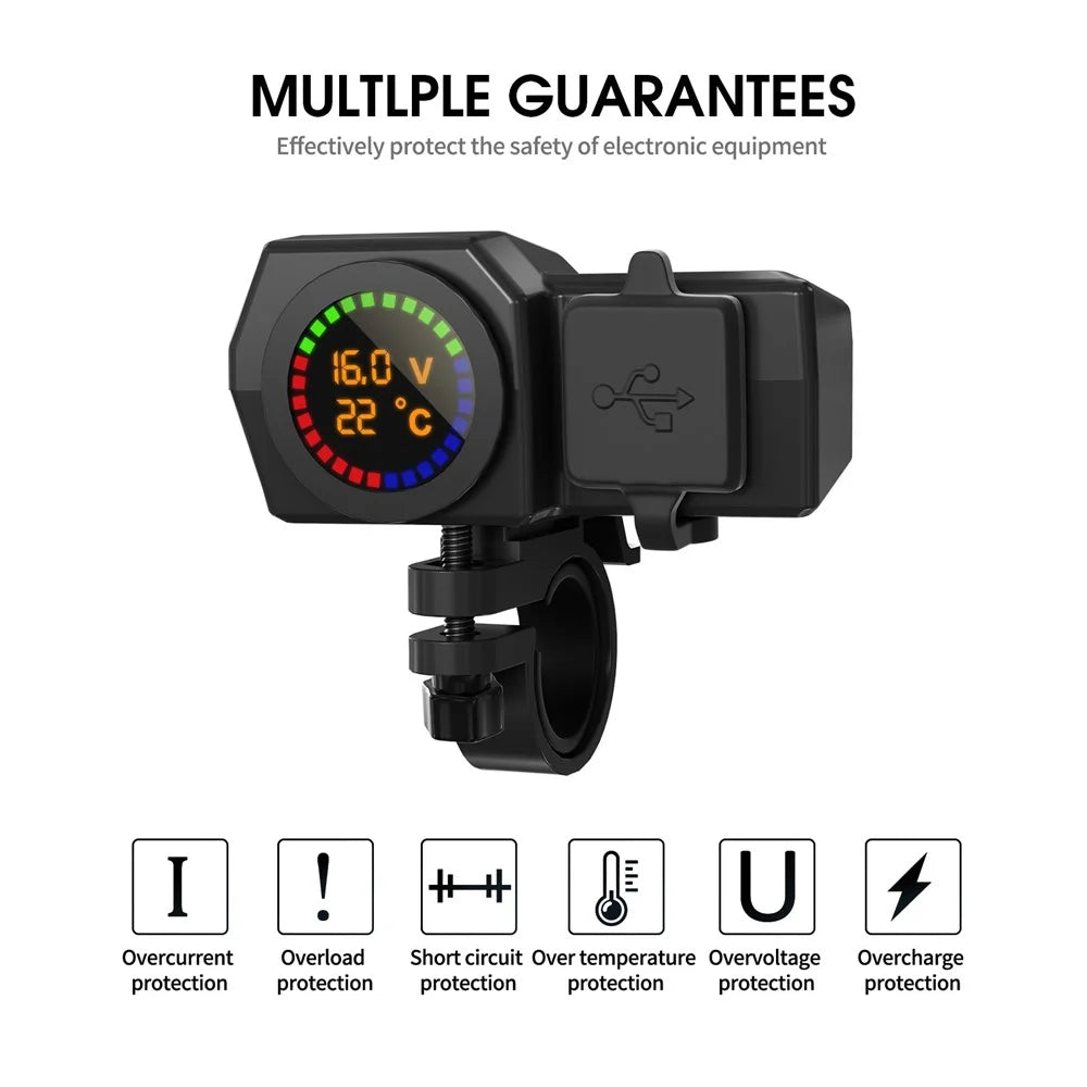 WUPP CS-1747A1 Motorcycle Modify 3.4A Dual USB Charger Voltage Temperature Digital Display Waterproof Phone Charging Adapter - 3