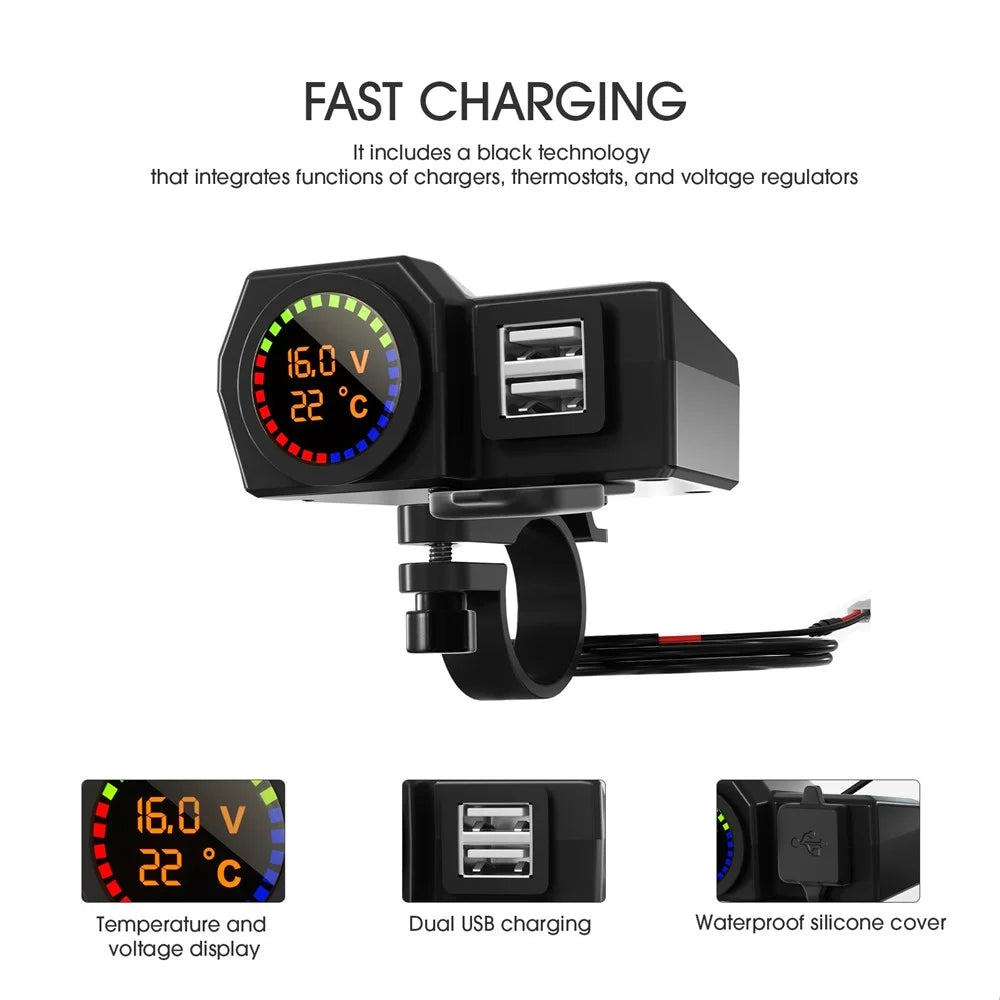 WUPP CS-1747A1 Motorcycle Modify 3.4A Dual USB Charger Voltage Temperature Digital Display Waterproof Phone Charging Adapter - 4