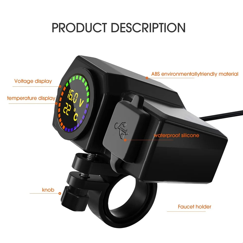 WUPP CS-1747A1 Motorcycle Modify 3.4A Dual USB Charger Voltage Temperature Digital Display Waterproof Phone Charging Adapter - 5