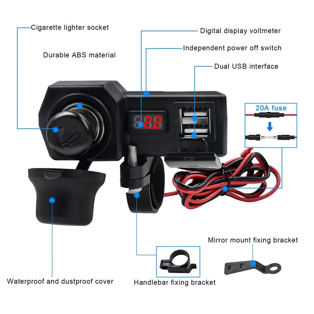 CS-1072B1 10-24V Motorcycle Dual USB Charger+Voltmeter+Cigarette Lighter Head Waterproof Multifunction Phone Charging Adapter - 3