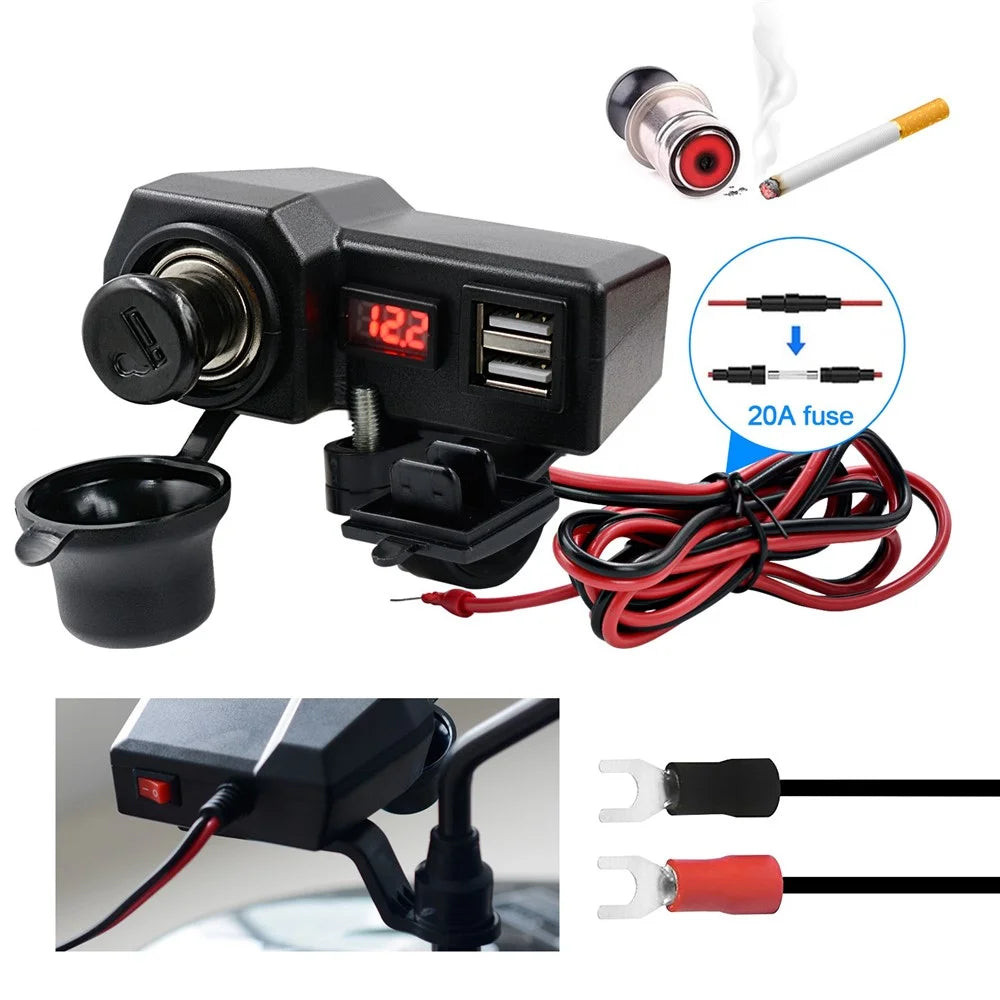 CS-1072B1 10-24V Motorcycle Dual USB Charger+Voltmeter+Cigarette Lighter Head Waterproof Multifunction Phone Charging Adapter - 4