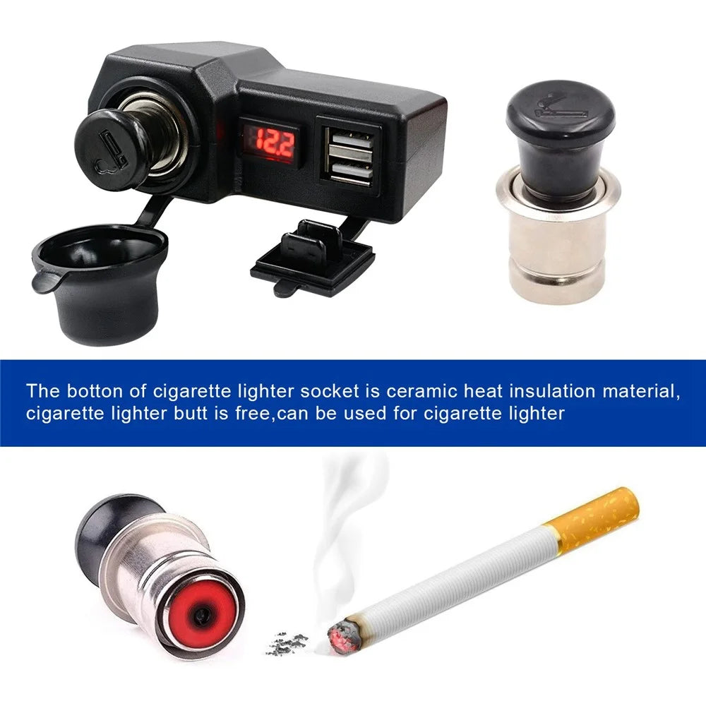 CS-1072B1 10-24V Motorcycle Dual USB Charger+Voltmeter+Cigarette Lighter Head Waterproof Multifunction Phone Charging Adapter - 5