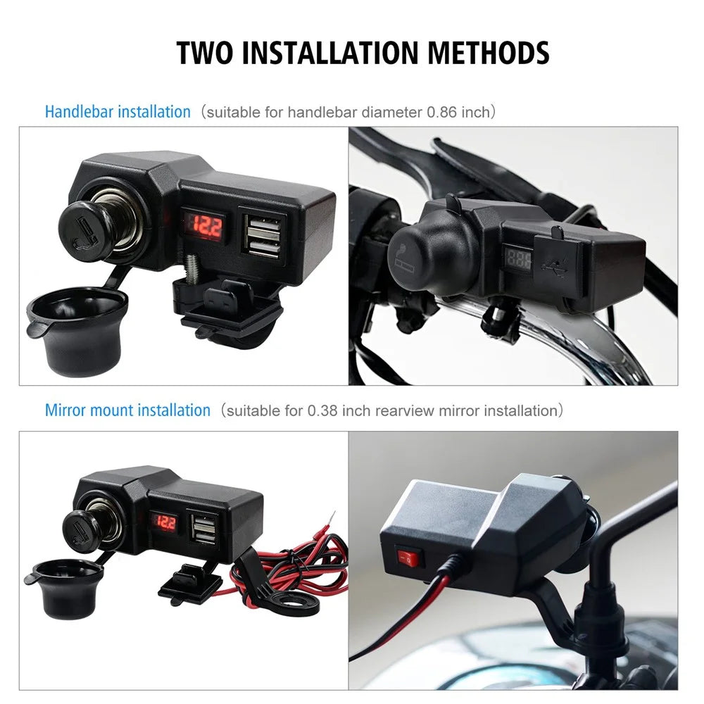 CS-1072B1 10-24V Motorcycle Dual USB Charger+Voltmeter+Cigarette Lighter Head Waterproof Multifunction Phone Charging Adapter - 7