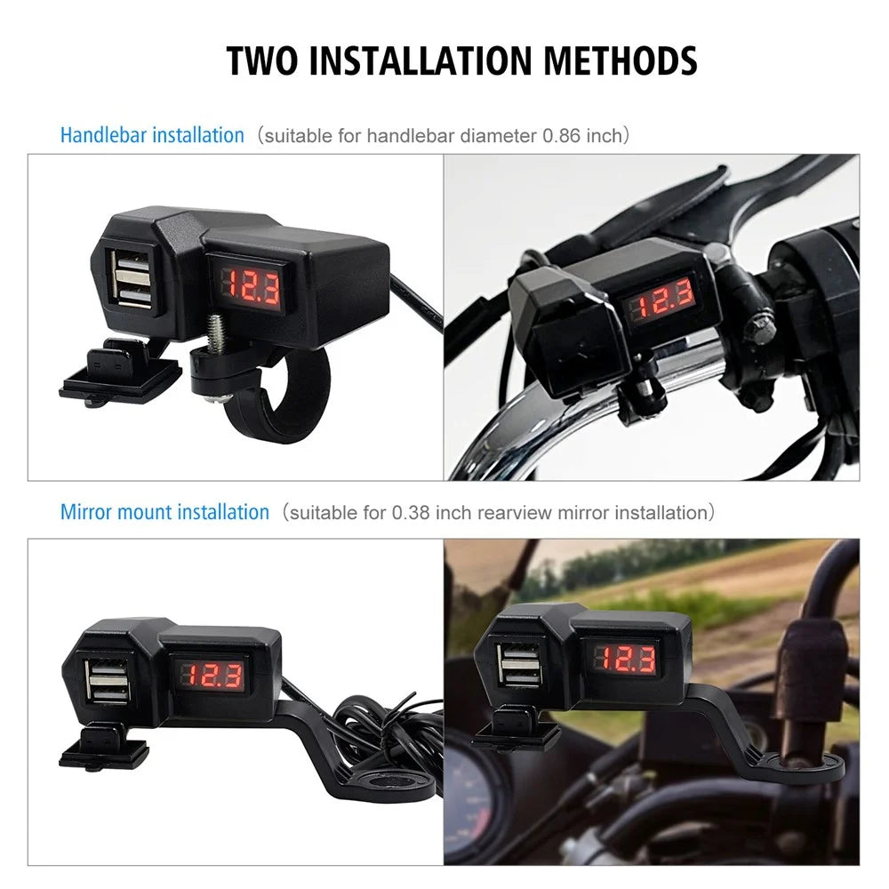 CS-1072A1 10-24V Motorcycle Dual USB Charger Digital Display Voltmeter Waterproof Phone Charging Adapter - 6