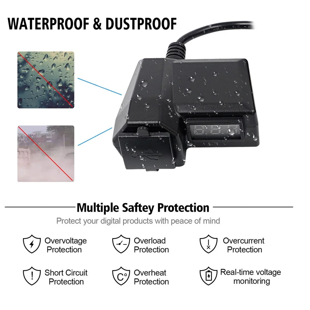 CS-1072A1 10-24V Motorcycle Dual USB Charger Digital Display Voltmeter Waterproof Phone Charging Adapter - 7