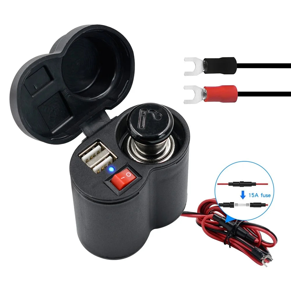 CS-313F1 12-24V Motorcycle Modify Dual USB Charger Waterproof Phone Charging Adapter with Cigarette Lighter Head and Switch - 1