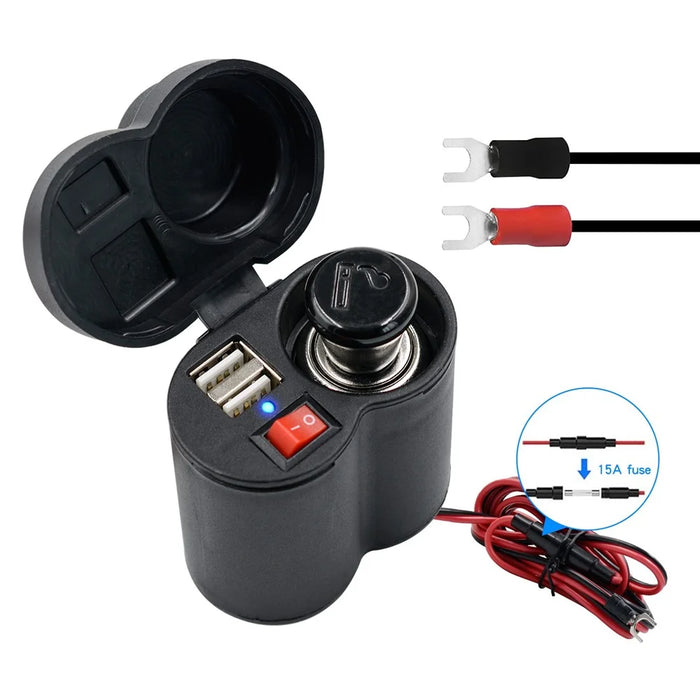CS-313F1 12-24V Motorcycle Modify Dual USB Charger Waterproof Phone Charging Adapter with Cigarette Lighter Head and Switch - 1