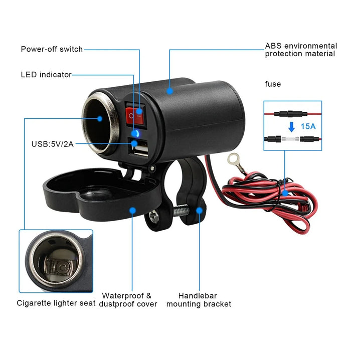 CS-313G1 Motorcycle Modify USB Charger Waterproof Phone Charging Adapter with Cigarette Lighter Socket and Switch - 4