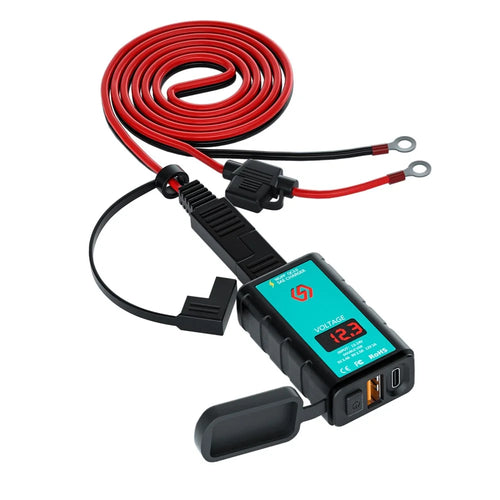 ZH-1422B3 Square Quick Charger USB+Type-C Motorcycle Handlebar Power Adapter for Cell Phone, with Voltmeter Display and 1.4m SAE+OT Terminal Cable - 1