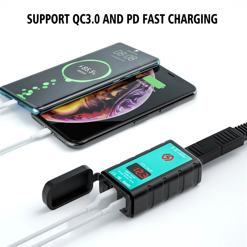 ZH-1422B3 Square Quick Charger USB+Type-C Motorcycle Handlebar Power Adapter for Cell Phone, with Voltmeter Display and 1.4m SAE+OT Terminal Cable - 2