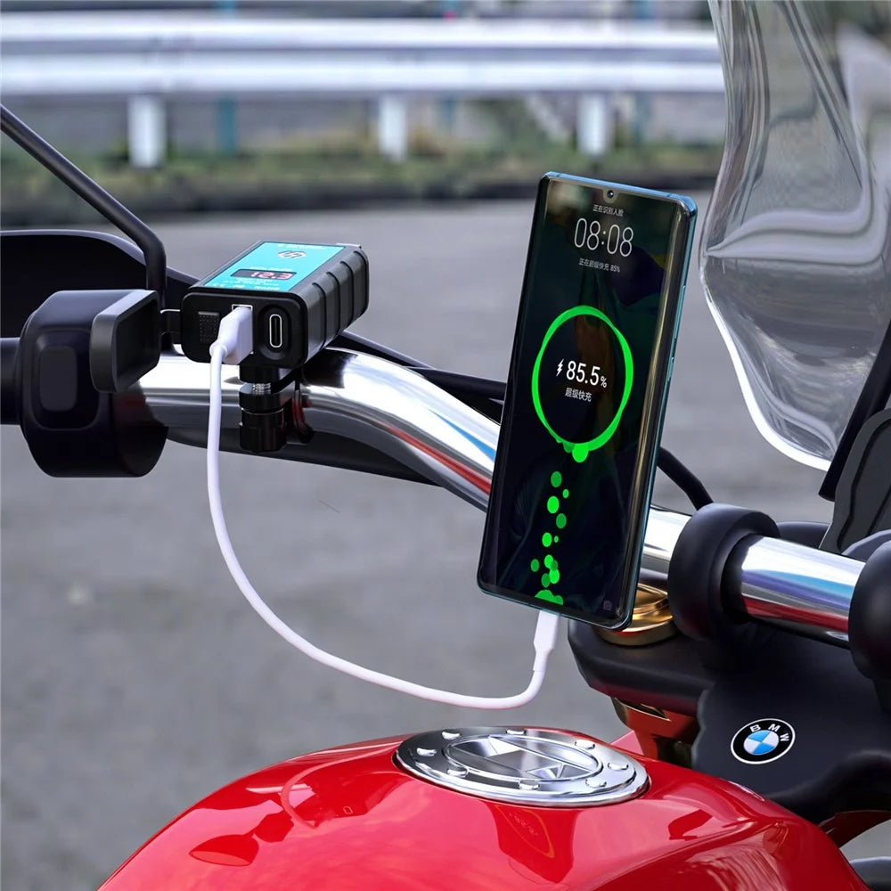 ZH-1422B3 Square Quick Charger USB+Type-C Motorcycle Handlebar Power Adapter for Cell Phone, with Voltmeter Display and 1.4m SAE+OT Terminal Cable - 3