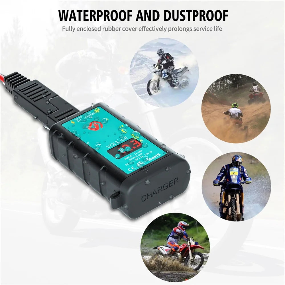 ZH-1422B3 Square Quick Charger USB+Type-C Motorcycle Handlebar Power Adapter for Cell Phone, with Voltmeter Display and 1.4m SAE+OT Terminal Cable - 4