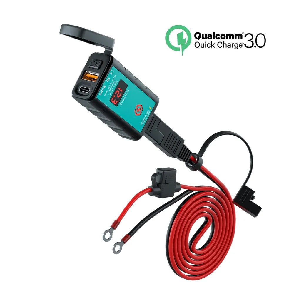 ZH-1422B3 Square Quick Charger USB+Type-C Motorcycle Handlebar Power Adapter for Cell Phone, with Voltmeter Display and 1.4m SAE+OT Terminal Cable - 6