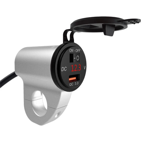 WUPP ZH-975 Motorcycle Handlebar 2.4A USB Phone Charger Aluminum Alloy Waterproof Voltage Digital Display QC3.0 Fast Charge Adapter with Switch - Silver - 1