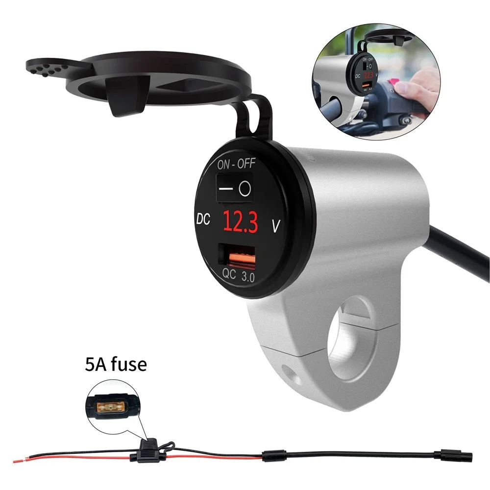 WUPP ZH-975 Motorcycle Handlebar 2.4A USB Phone Charger Aluminum Alloy Waterproof Voltage Digital Display QC3.0 Fast Charge Adapter with Switch - Silver - 3